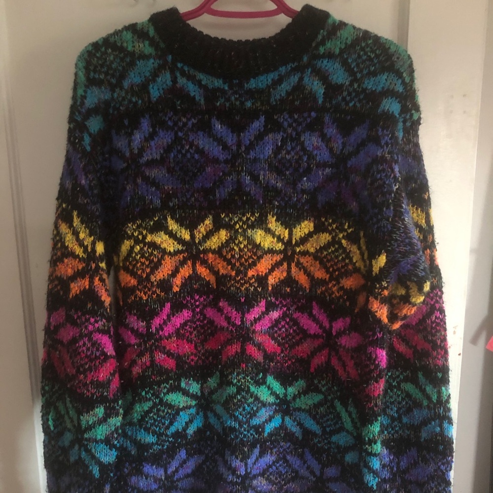 Fantastic Rainbow Poinsettia Print Knit Sweater - MED